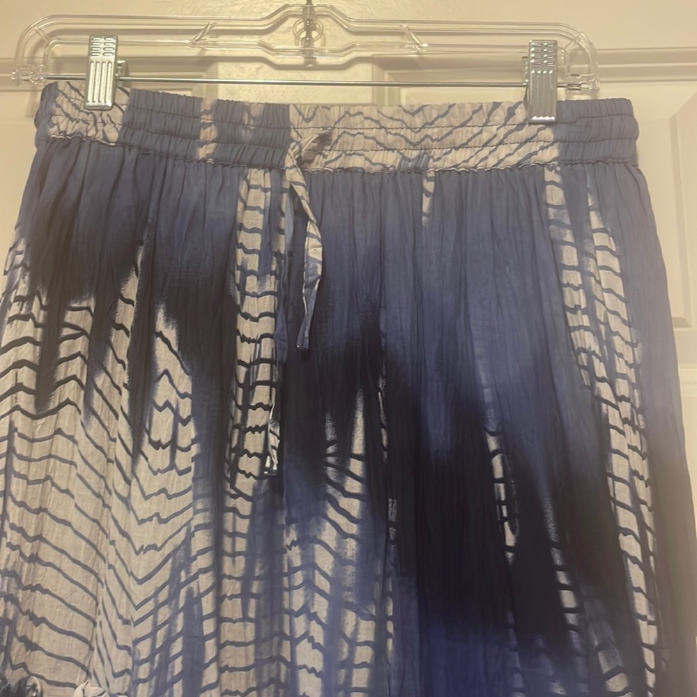 Blue tie-dye, tiered maxi skirt.